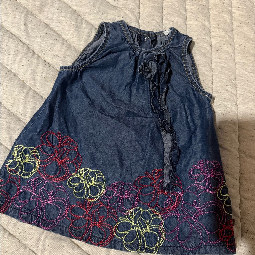 Petit Lem Blue Dress with Colorful Floral Embroidery